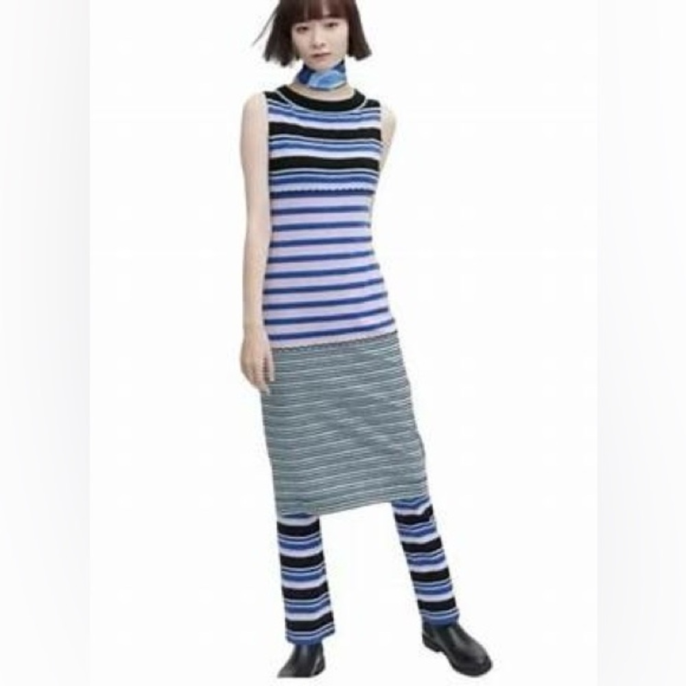 MARNI x UNIQLO Blue Pink Striped Wool Blend Knit Sleeveless Maxi Dress Sz. LARGE
